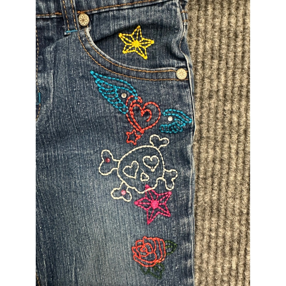 Circo Embroidered Jeans Kids 6 Blue Good Skull Star Rose Tattoo Denim Pants - Picture 3 of 12